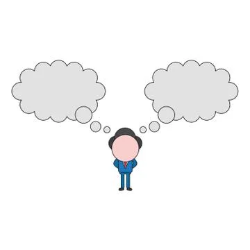 Vector illustration of businessman character with two thought bubbles. Color  스톡 일러스트