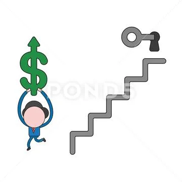 Vector illustration of businessman character unlock keyhole at top of stairs Stock Illustration