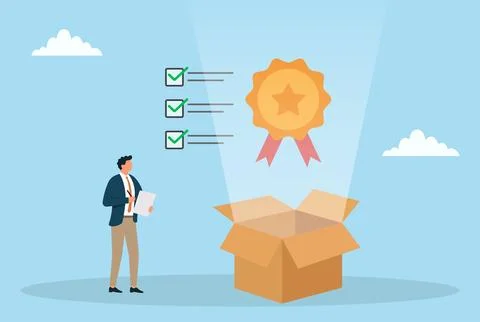 Vector illustration of a businessman checking a quality checklist beside a box Stock Illustration