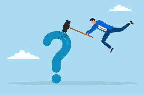 Vector illustration of a businessman cracking a big question mark with a hammer Illustrazione stock