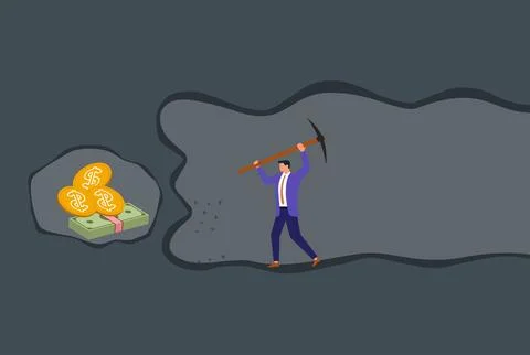 Vector illustration of a businessman digging with a pickaxe in a tunnel Stock Illustration