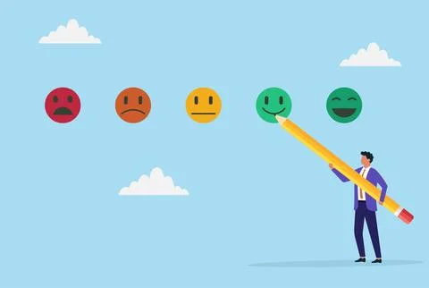 Vector illustration of a businessman drawing a feedback emoji face with a pencil Stock Illustration