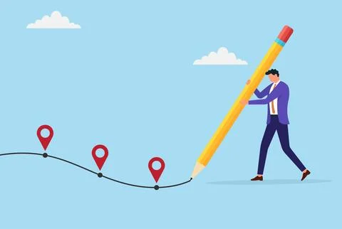 Vector illustration of a businessman drawing a path with location markers Stock Illustration