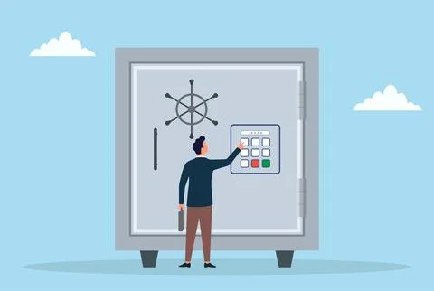 Vector illustration of a businessman entering a code on a large safe vault Ilustración de archivo