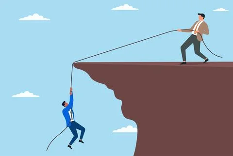 Vector illustration of a businessman fall down a mountain while another help Stock Illustration