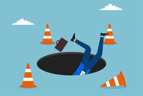 Vector illustration of a businessman falling into a dark hole Stock Illustration