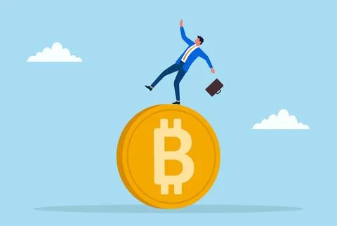 Vector illustration of a businessman falling from a large Bitcoin Illustrazione stock