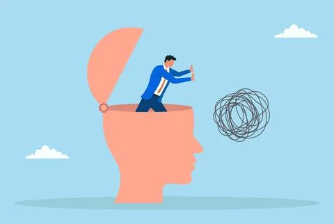 Vector illustration of a businessman inside an open human head pushing away Stock Illustration