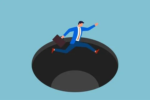 Vector illustration of a businessman jumping over a big hole Stock Illustration