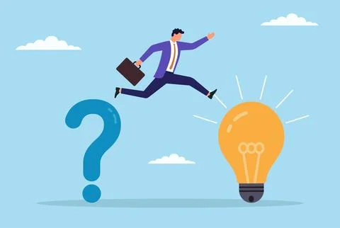Vector illustration of a businessman jumping from a question mark to a bulb Stock Illustration