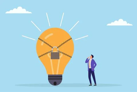Vector illustration of a businessman looking thoughtfully at a large light bulb Stock Illustration