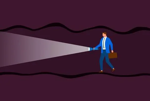 Vector illustration of a businessman moving forward in a dark tunnel Stock Illustration