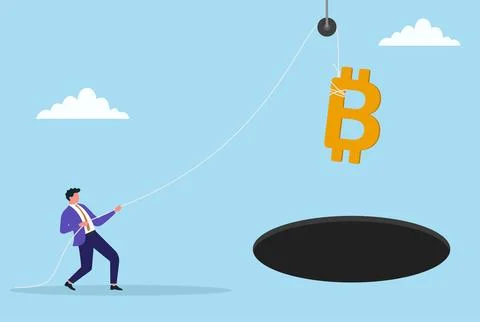 Vector illustration of a businessman pulling a Bitcoin symbol away from a hole Stock Illustration
