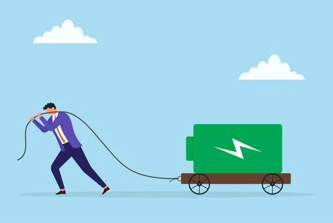 Vector illustration of a businessman pulling a large battery on a trolley Stock Illustration