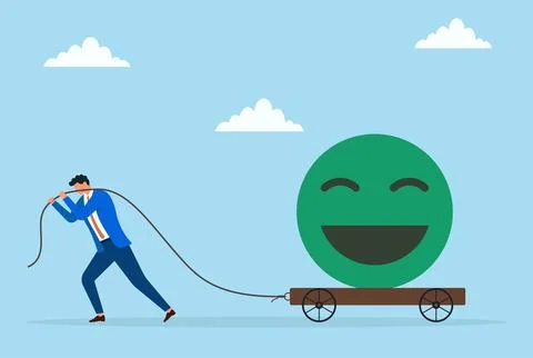 Vector illustration of a businessman pulling a large happy icon on a trolley Illustrazione stock