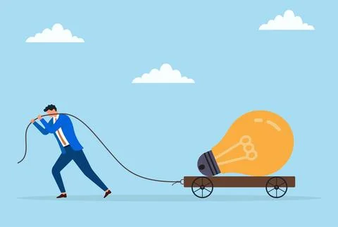 Vector illustration of a businessman pulling a large bulb on a trolley Stock Illustration