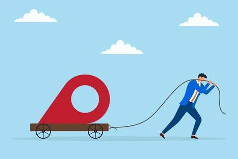 Vector illustration of a businessman pulling a large location icon on a trolley Stock Illustration