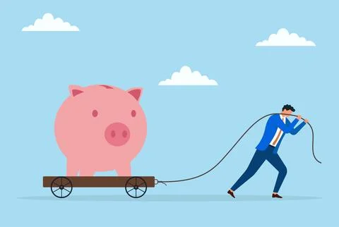 Vector illustration of a businessman pulling a large piggy bank on a trolley Stock Illustration