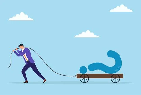 Vector illustration of a businessman pulling a large question mark on a trolley イラスト素材
