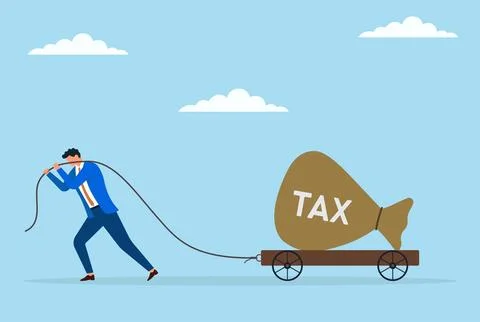 Vector illustration of a businessman pulling a large tax sack on a trolley Stock Illustration