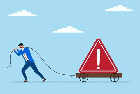 Vector illustration of a businessman pulling a large warning icon on a trolley Stock Illustration