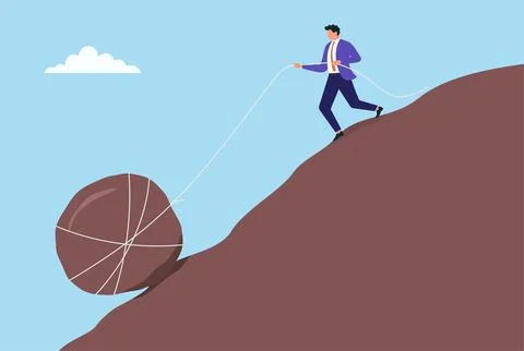 Vector illustration of a businessman pulling a large stone up a hill with a rope Stock Illustration