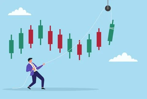 Vector illustration of a businessman pulling a rising green candlestick bar Stock-Illustration