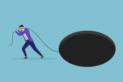 Vector illustration of a businessman pulling a rope into a dark hole Stock Illustration