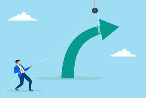 Vector illustration of a businessman pulling a rope to lift a rising arrow Stock Illustration