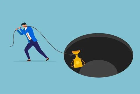 Vector illustration of a businessman pulling a trophy out of a dark hole Stock Illustration