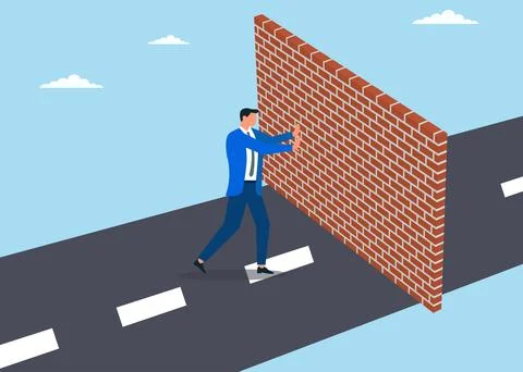 Vector illustration of a businessman pushing to remove a wall blocking path Stock Illustration