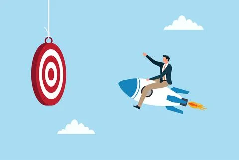 Vector illustration of a businessman riding a rocket toward a goal sign Stock Illustration