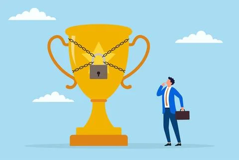 Vector illustration of a businessman standing in front of a locked golden trophy Stock Illustration