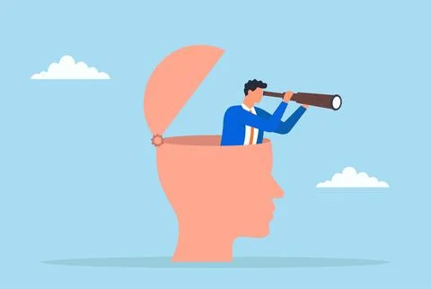 Vector illustration of a businessman standing inside an open head and looking Stock Illustration