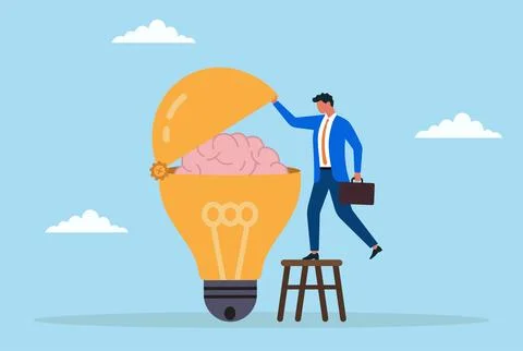 Vector illustration of a businessman standing on a stool and opening a bulb Stock Illustration