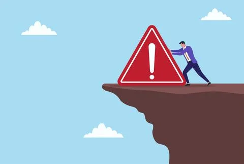 Vector illustration of a businessman trying to push a warning icon down a hill Stock Illustration
