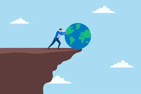 Vector illustration of a businessman trying to push a globe off a mountain Stock Illustration