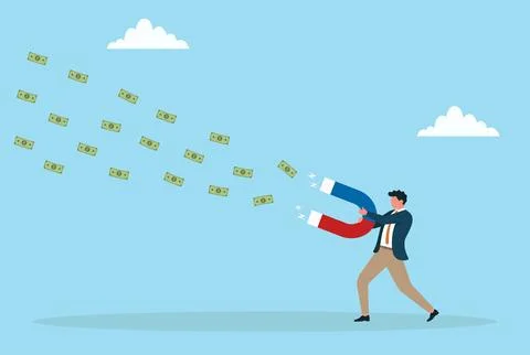 Vector illustration of a businessman using a giant magnet to attract money Stock Illustration