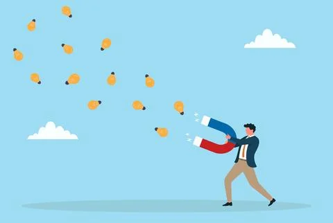 Vector illustration of a businessman using a giant magnet to attract bulb Stock Illustration