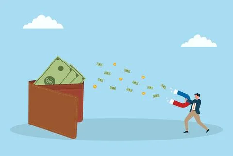 Vector illustration of a businessman using a giant magnet to attract money Stock Illustration