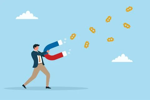 Vector illustration of a businessman using a giant magnet to attract bitcoion Stock Illustration