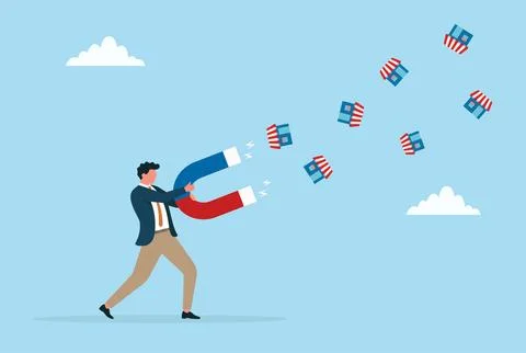 Vector illustration of a businessman using a giant magnet to attract shop Stock Illustration