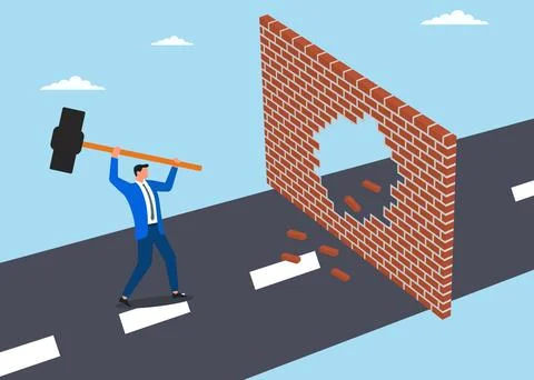 Vector illustration of a businessman using a hammer to clear a road blocked Stock Illustration
