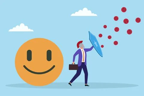 Vector illustration of a businessman using a shield to block negativity Stock Illustration