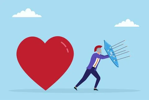 Vector illustration of a businessman using a shield to protect a big red heart Stock Illustration