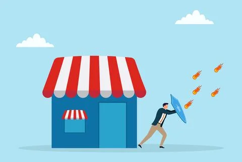 Vector illustration of a businessman using a shield to protect a small shop Illustrazione stock