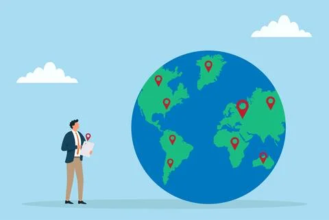 Vector illustration of a businessman using a tablet to analyze global location Stock Illustration
