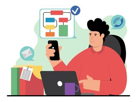 Vector illustration with businessman at work in work progress Illustrazione stock