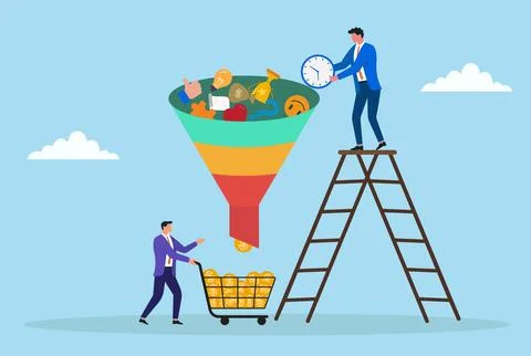 Vector illustration of businessmen using a funnel to convert time, ideas Stock Illustration