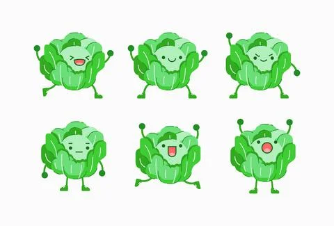 Vector illustration of cabbage character with different facial and body expre Stock Illustration
